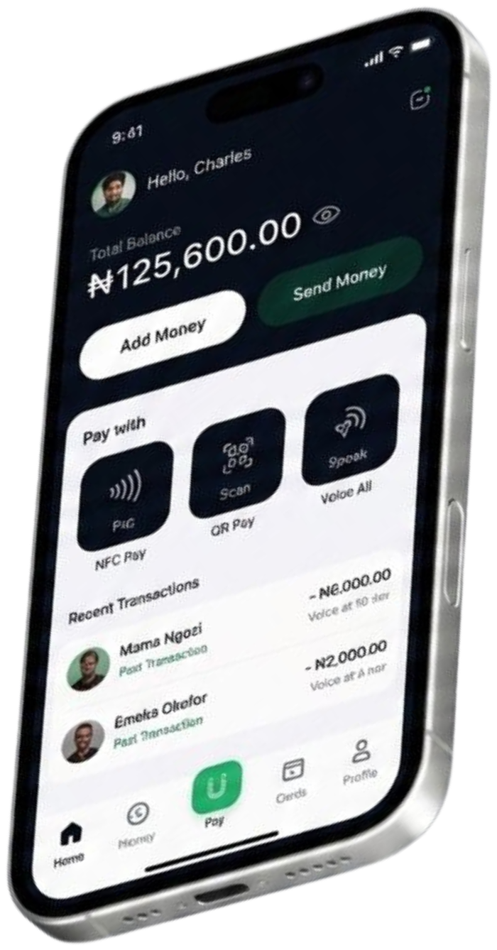 UIPay app home screen showing a balance of 125,600 naira with NFC Pay, QR Pay, and Voice AI payment options